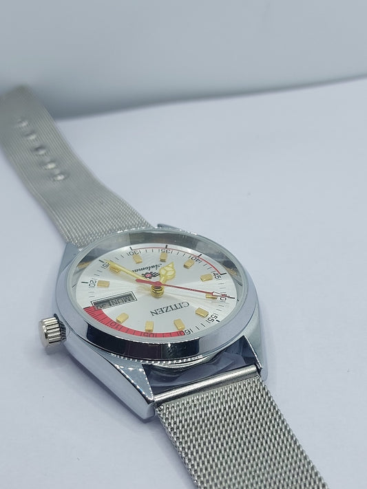 Vintage Citizen Automatic Mechanical Men's Wristwatch Day Date Silver and Red Dial